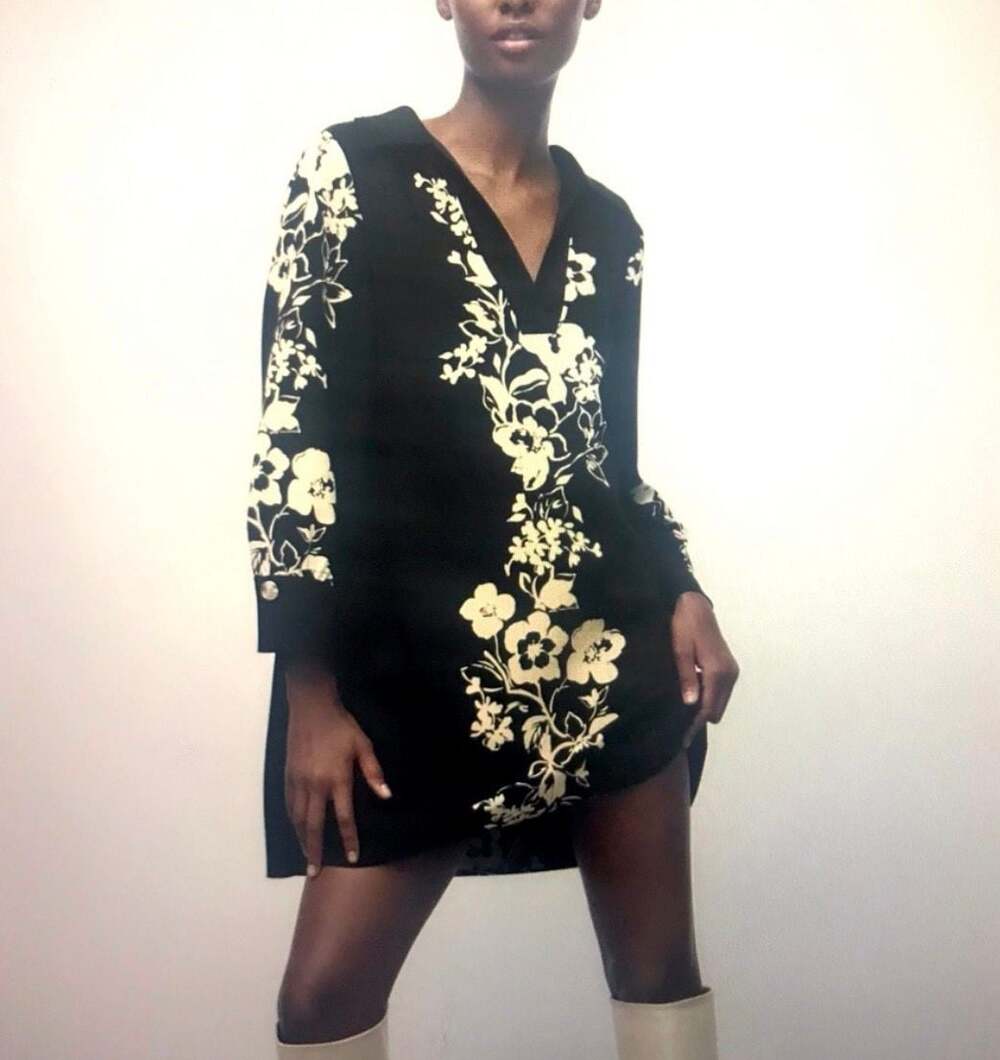 Zara Black Floral Print V-Neck Tunic Mini Dress